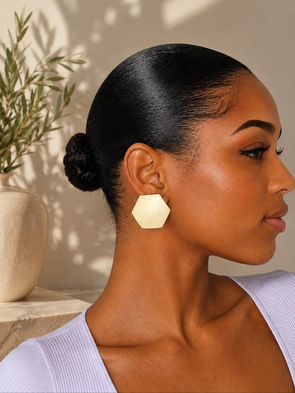 Cream Geometric Hexagon Statement Stud Earrings